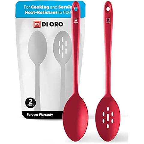 DI ORO® Seamless Series 2-Piece Silicone Spoon Set - 315°C Heat-Resistant Rubber Non-Stick Slotted and Solid Spoons for Mixing and Serving - LFGB Certified and BPA Free Pro-Grade Silicone Cover