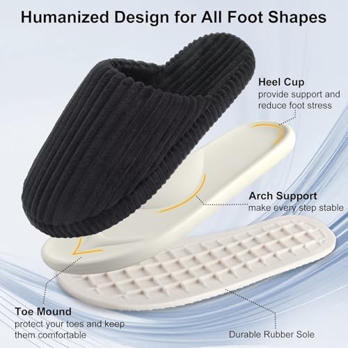 Women Arch Support Slippers – House Bedroom Slippers for Woman, Orthopedic Shoes for Plantar Fasciitis, Corduroy Closed Toe Ladies Slides Outdoor 8836 Black 40/412