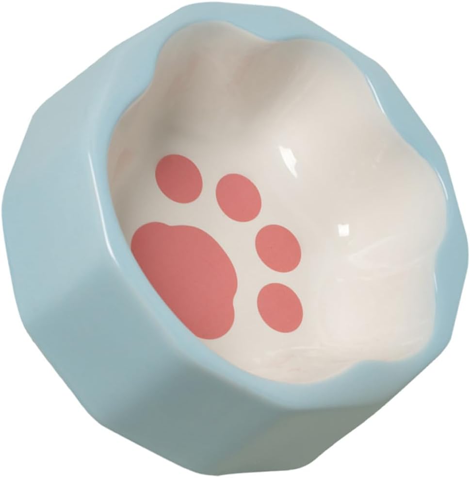 Ceramic Pet Bowl Slanted Cat Dish Small Blue Animal Paw Print Food and Water Bowl for Cats and Dogs Whisker Fatigue Relief