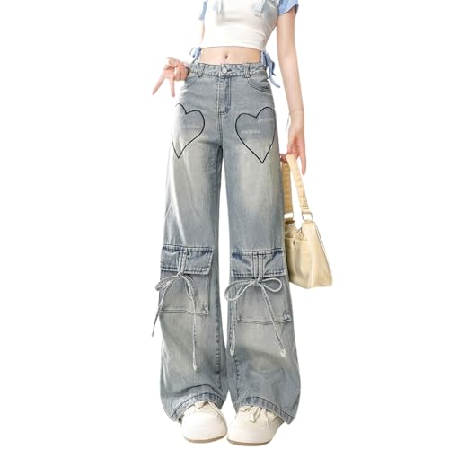 jupkem Süße Y2K-Jeans für Damen, Gothic-Stern, Grafik, weites Bein, Kawaii-Hose, Y2k, ästhetische Baggy-Jeans, koreanische Streetwear, Blau5, S