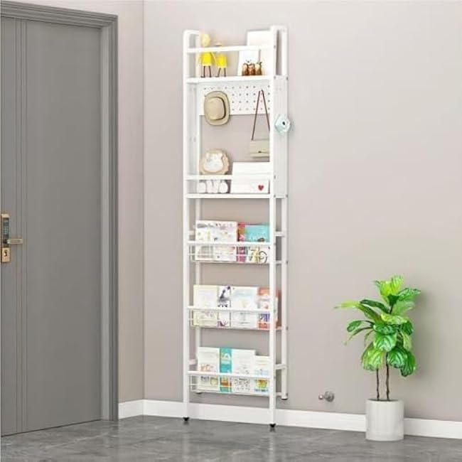 White Metal Storage Rack, Behind The Door Bookshelf, Behind The Closet Door Storage, Open Storage Rack for Living Room, Bathroom, Kitchen(24.4 * 3.5 * 74in)