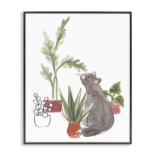 Curious Grey Cat Plant Scene, 24 x 30 Inch Framed Giclée Print