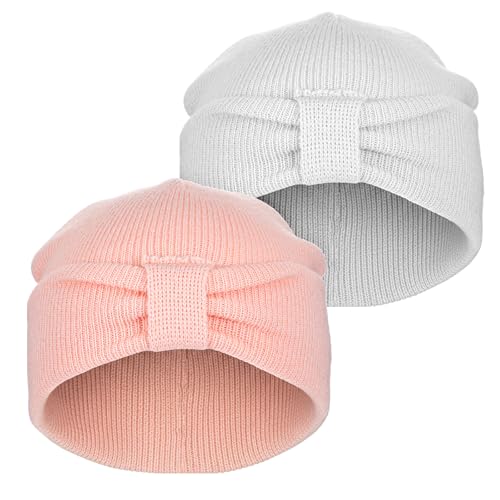 Prasacco 2 Stück Wintermütze Mädchen Baby Wintermütze mit Süßer Schleife Kleinkind Mädchen Herbst Weich Stricken Mütze Beanie Hut Warme Unisex-Mütze für Baby Weiche Strickmütze (rosa und weiß)