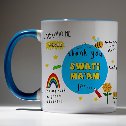 Image of DAYS Thank You Teacher's Personalized Mug - Custom Teacher's Name Best Teacher Gift, Teacher on Birthday Helping Me to Grow Ceramic Mug 11oz Blue Mug