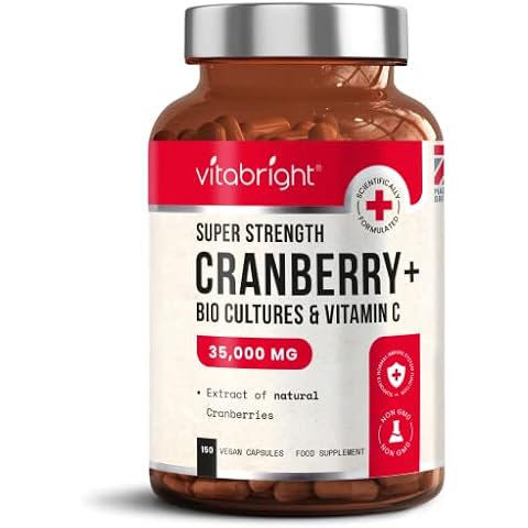 Cranberry Capsules 35,000mg High Strength - with Probiotics / Bio Cultures and Vitamin C - 150 Capsules - Advanced Cranberry Extract Supplement - Made in UK by VitaBright Cover