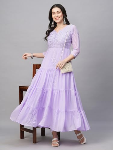 Image of RATAN Women's Solid Georgette Tiered Chikankari Flared Kurti Gown Maxi Dress