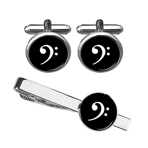 ZUNON Music Bass Clef Cufflinks Note Tie Clip Musician Teacher Graduation Party Mens Shirt Cuff (Silver Cufflink Tieclip Set)