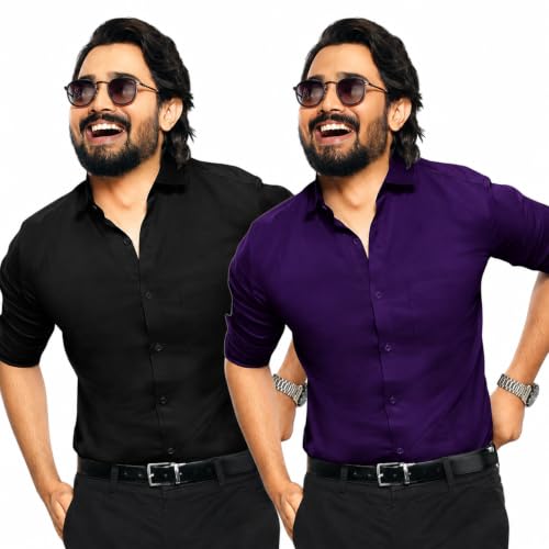 Image of Pinkmint Men's Solid Cotton Formal Shirt | Plain | Full Sleeve - Regular Fit (Available in Plus Sizes and Combo Pack of 2)