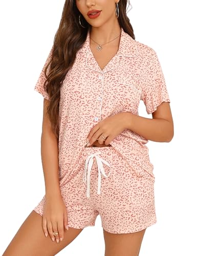 Image of Anjue Womens Pajamas Set Short Sleeve Sleepwear Button Down Nightwear Shorts Soft Pj Sets S-XXL