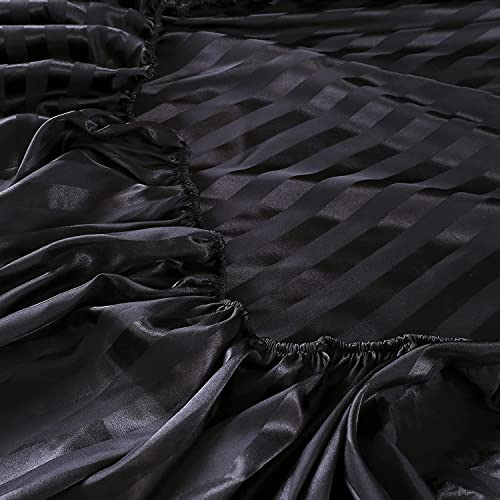 Conjunto de lençóis de cetim para meninas King Black Stripe Silk Like Satin Bed Sheets Ultra Soft Lu