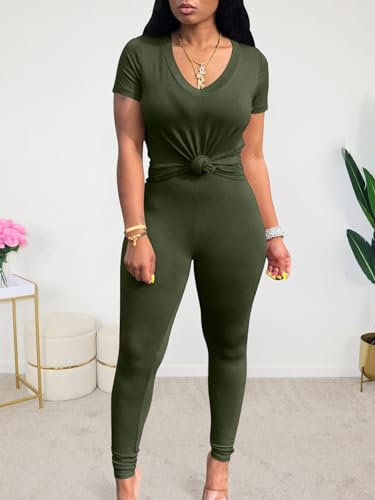 PINSV Lounge Sets for Women 2 Piece Summer Casual Jogger Workout Outfits Short Tops Long Pant Sweat suit leggings set Green L - Thumbnail 3