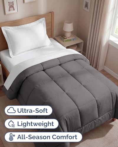 Image of Twin Size, Dark Gray Alternative Down Comforter - Warm, Lightweight & Breathable Hotel Quality Bedding Set for Men, Women, Kids & Teens - All Season Oversized Cooling Microfiber Duvet Insert Comforter