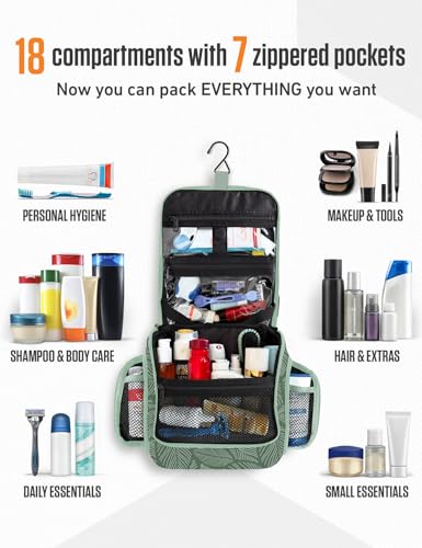 Image of VENTURE 4TH Hanging Travel Toiletry Bag, 17 Compartments - Green Leaves | Hangs on rails, hooks or doors; stands upright too. Removable TSA pouch. Water-resistant 900D Nylon, reinforced stitching.