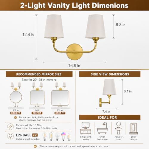 Image of Bathroom Vanity Light, Brushed Gold Bathroom Lighting Fixtures Over Mirror | 2-Light Bathroom Light Fixtures with Flared White Fabric Shade, E26 Socket (ETL Listed)