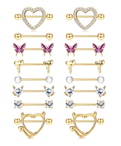 8 Pairs 14G Nipple Rings for Women Stainless Steel CZ Striaght Barbell Tongue Ring Nipple ring Set Butterfly Devil Heart Nipple Piercing Jewelry 16mm 5/8Inch