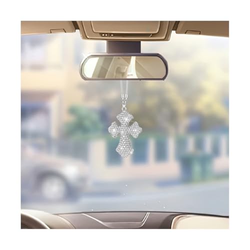 ANFTDCO Bling Cross for Car Mirror Hanging, Religious Vehicle Rear View Pendant Charm with Rhinestones, Double-Sided Diamond Christian Automotive Rearview Ornament, Universal Fit (White)