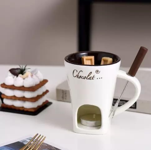 Chocolate Fondue Mugs Contain Fondue Bliss Cup & Forks, Chocolate Melting Cup, Mini Chocolate Fondue Set Without Tealights, Fondue Cups with Forks for Date Night Birthday Wedding Gifts (White)