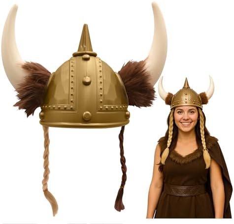 Adult Gold Viking Helmet with Horns & Braids - Plastic Norse Barbarian Warrior Hat - Cosplay Halloween Costume Accessory