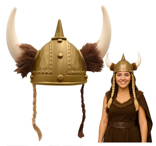 Adult Gold Viking Helmet with Horns & Braids - Plastic Norse Barbarian Warrior Hat - Cosplay Halloween Costume Accessory