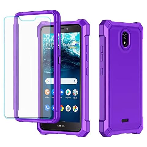 for Nokia C100 Case with 1 Pack Screen Protector Tempered Glass,Front Back Full Body Protective Design,Frosted PC Back Soft TPU Bumper Raised Corner Edge Shockproof Phone Case for Nokia C100 (Purple) Cover