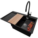 PRIMAGRAN Lavandino da Cucina Nero 78x50cm, Lavello in Granito a 1 vasca + Rubinetto 40x38cm + Set di accessori, Lavabo da Cucina Incasso al Mobile 50cm - Sydney Ergo S326