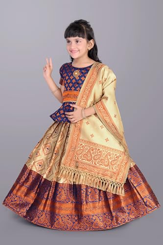 Image of Girls Pattu Pavadai Ready to Wear Lehenga, Blouse & Dupatta Set - Heavy Jacquard Fabric, Fully Stitched