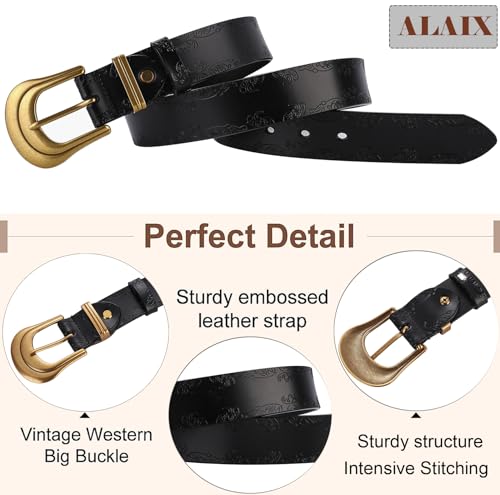 ALAIX Western Leather Belts for Women Cowboy/Cowgirl Belt Big Gold Buckle Belt Black Leather Belt Pants Jeans Belts for Women4