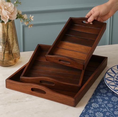 Image of BalladCraft Wooden Serving Tray Set, Set of 3, Handcrafted from Saharanpur, Dark Brown (Round Handle)