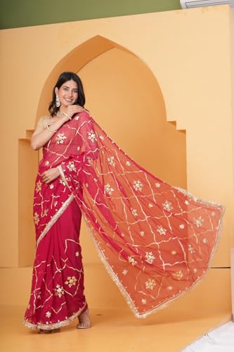 Image of Embroidered Organza Saree with Lace Border for Women | Organza Saree for Wear in Occasions | Elegant Ethnic Wear | Red Pink