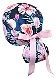 CALOMED Scrub Cap for Women and Men, Ponytail Scrub Caps, Working Hat, Head Cover with Ribbon Ties and Buttons, Long Hair (Watercolor Flowers on Navy Blue)