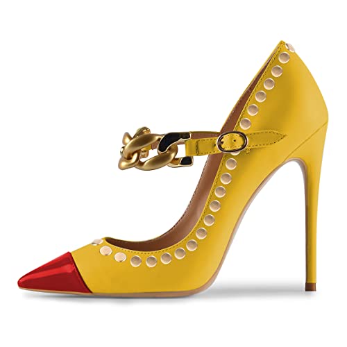 Ydn Women Patchwork Studded Pointed Toe Pumps Chain Strap Stiletto High Heels Dressy Patry Evening Shoes Size 8 Red Yellow Rivet #TOP2