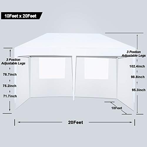 NSdirect 10 x 20 ft Pop Up Outdoor Canopy Tent,Heavy Duty Easy Portable Wedding Party Tent Carrying Bag Adjustable Folding Gazebo Pavilion Patio Shelter with 6 Removable Side Walls Tent,White