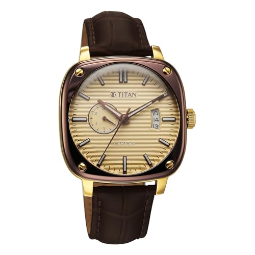 Image of Titan Vintage Concealed Automatic Analog with Beige Dial Brown Leather Strap Watch for Men - 90225KL03