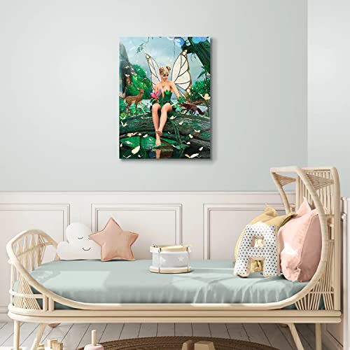 Soothan Fantasy Fairy Tale Canvas Wall Art Magical Fairyland Wall Painting Butterfly Fairy With Deer Bird Picture Poster 3D Prints Colorful Modern Artwork For Girls Bedroom Decor Ideal Gifts 12"X16" #TOP3