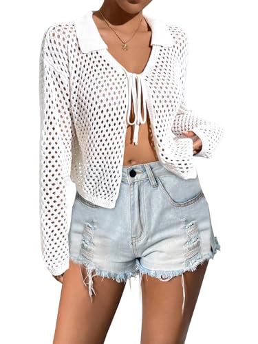 Image of Womens Tie Front Crochet Cardigan Sweaters Lightweight Hollow Out Beach Cover Up Long Sleeve Collared Summer Shrug