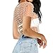 Naileksi Women Pearl Rhinestone Sheer Mesh Crop Tee Top Sexy See Through Short Sleeve Slim Fit Crop T-Shirt Club Summer(L,Nude)