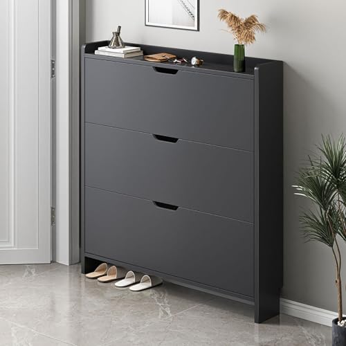 ksxnkhk Zapatero Negro Delgado Oculto con 3 cajones abatibles, Estante de Almacenamiento Moderno Independiente y Estrecho para Entrada o Pasillo, A, 47 x 17 x 115 cm (19 x 7 x 45 Pulgadas)
