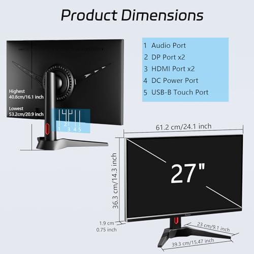 Image of Touchscreen Gaming Monitor 27 Inch 4K UHD 3840x2160 IPS Computer Monitor, Ultra-Thin Bezel, HDMI, DisplayPort, 400 cd /㎡, VESA, Tilt Adjustable