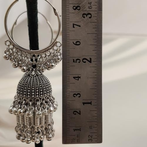 Image of Oxidised Silver Hoop Jhumka Tassel Earrings for Women, Traditional Indian Style,Antique Style Oxidised Earrings