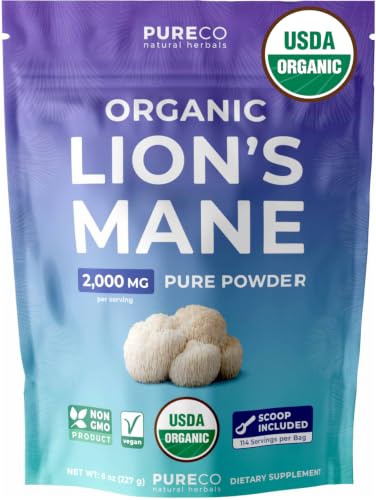 USDA Organic Lions Mane Powder - Lion Mane Mushroom Supplement for Coffee Smoothies & More - Nootropic Brain Supplement for Memory and Focus Support - Vegan Non-GMO & No Fillers (114 Servings)