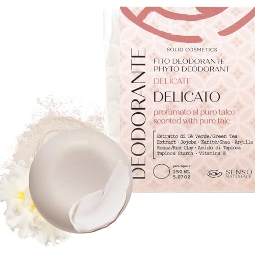 Senso Naturale Deodorante Solido Delicato Profumo Puro Talco con Estratto di Tè Verde, Riduce la Formazione di Molecole Maleodoranti | Protegge, Idrata, Lenisce | 100% Bio e Vegano