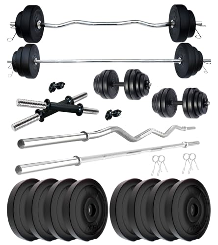 Image of Kore PVC 16 Kg Home Gym Set with One 3 Ft Plain + One 3 Ft Curl Rod and One Pair Dumbbell Rods, Multicolour