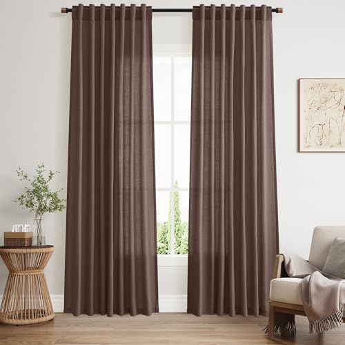 Image of Nanspring Cappuccino Linen Curtains 84 Inch Length 2 Panels Set for Living Room Back Tab Light Filtering Semi Sheer Curtain for Bedroom Simple Style Drapes, 52x84 inch, 2 Panels