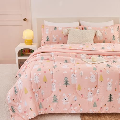 Image of Yibeizi Pink Bunny Kids Comforter Set for Girls Full Cute Bedding