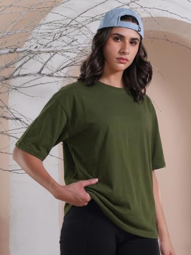 Image of CHKOKKO Oversized T-Shirt for Women Cotton Blend Soft Loose Fit Tshirt Top for Summer Half Sleeves Drop Shoulder Trendy Stylish Solid for Casual Streetwear, Outings or Travel
