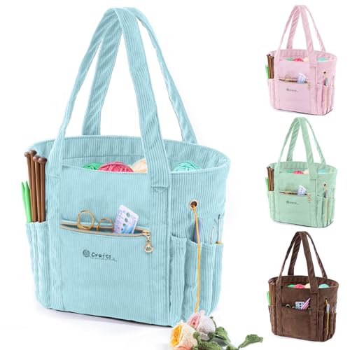 Image of MYBAGZING Corduroy Crochet Bag 11.5 inch Large Yarn Storage Tote with Grommets, Needle Holders - Knitting Bag Organizer for Crochet Hooks, Accessories, Tools & Projects -Gift for Knitters & Crafters