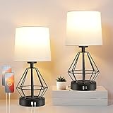 Set of 2 Touch Control Table Lamp White&Gold, 3-Way Dimmable Bedside Lamps with USB& Type C Ports, Fabric Modern Small Nightstand Lamps for Bedroom Living Room Office Desk Hallow Base (Black)