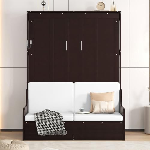 Image of GYYBED Queen Size Murphy Bed with Cushion - Space-Saving Wall-Mounted Design, Dual Purpose for Home Office/Small Bedroom (Espresso)