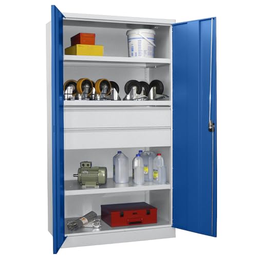 Pavoy | Schwerlastschrank | Höhe 1950 mm | 3 Fachböden | 2 Schubladen | grau/blau