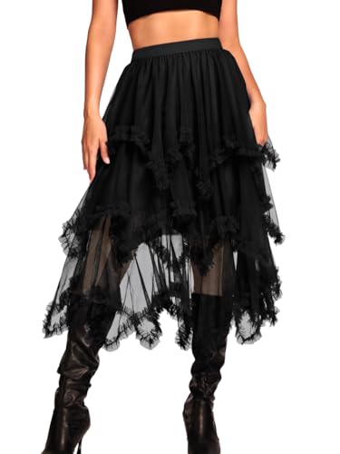 Kaei&Shi Long Tulle Skirt,High Waisted Asymmetrical Ruffle Skirts for Women,Renaissance Fairy Costume Concert Birthday Party